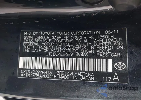 2011 Toyota Corolla Le from USA, damaged, VIN JTDBU4EE6B9149469